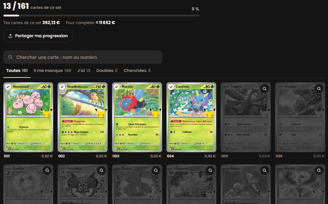 La progression d'un set sur MapTCG : les cartes possédées en couleur, celles qui manquent en gris