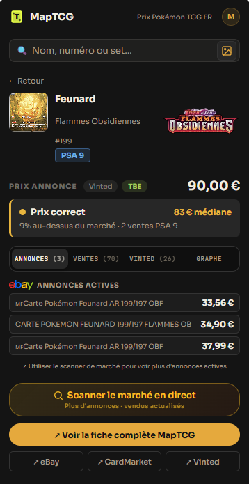 Le panneau de l'extension MapTCG sur une annonce Vinted
